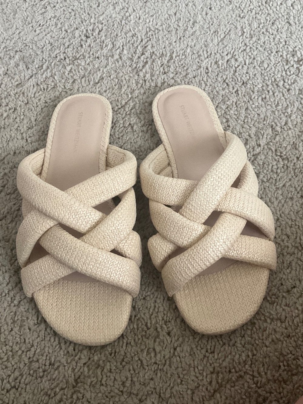 Stuart Weitzman crossover raffia slide sandals